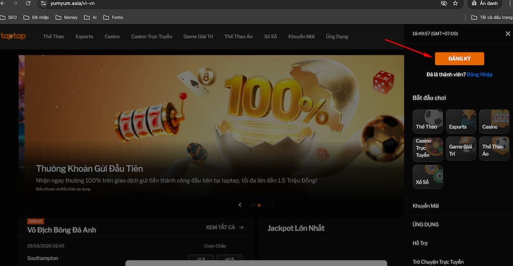 Đăng Ký 188BET – Nhận 100K Miễn Phí Tại 188BET HIPHOP 2 Chọn đăng ký ở menu trên cùng bên phải của website