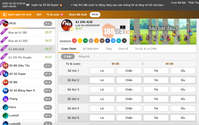 Giao diện chơi xổ số PK10 tại 188BET Màn hình giao diện chơi xổ số PK10 tại 188BET hiển thị rõ ràng các cửa cược.