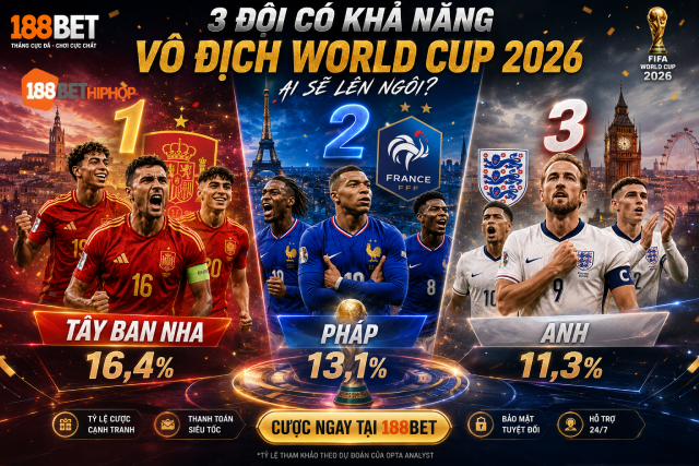 3 Đội Có Khả Năng Vô Địch World Cup 2026 Theo Siêu Máy Tính Opta 2 Chuyên gia 188BET Marandu đánh giá 3 đội có khả năng vô địch World Cup 2026
